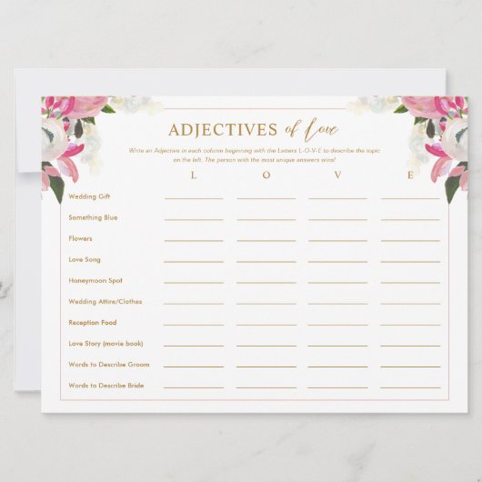 愛の形容詞リストピンクブライダルシャワーゲーム 招待状 (正面)