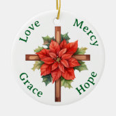 愛の慈悲の恵みの希望ポインセチア交差クリスマス セラミックオーナメント (正面)