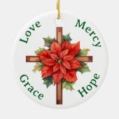 愛の慈悲の恵みの希望ポインセチア交差クリスマス セラミックオーナメント (裏面)