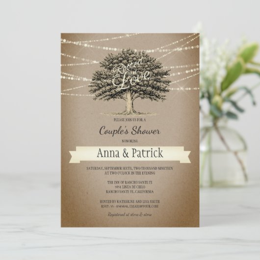 愛の木に根素朴ざしたライトカップルのシャワー 招待状 (スタンド正面)