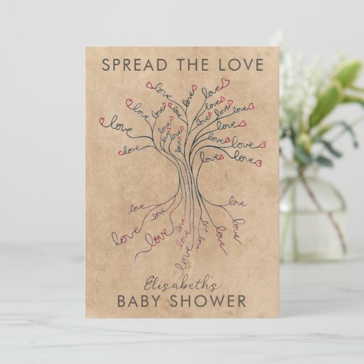 愛の木の意味のある赤パーソナライズされたちゃんシャワー 招待状 (スタンド正面)