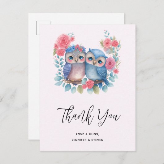 愛の木の枝に座るフクロウたち、ありがとう ポストカード (正面/裏面)