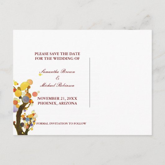 愛の木素朴々の結婚式の日付を保存 案内ポストカード (裏面)