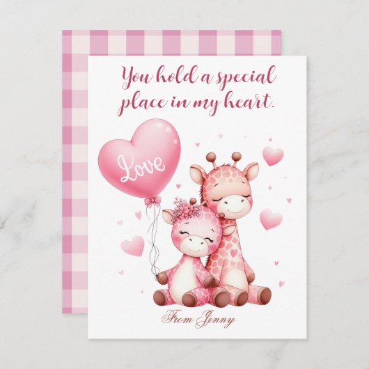 愛の気球を持つバレンタインデーかわいいキリン シーズンカード (正面/裏面)