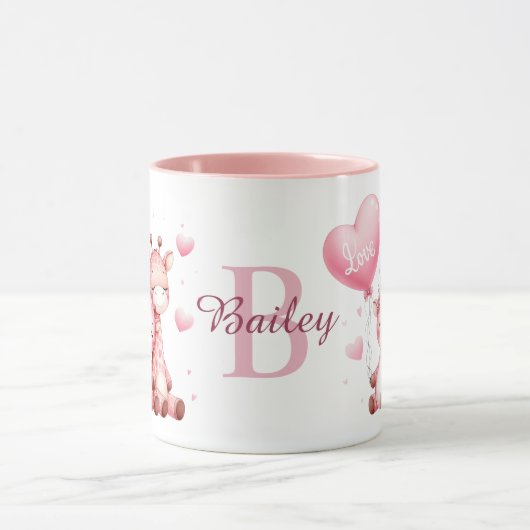 愛の気球を持つバレンタインデーかわいいキリン マグカップ (中央)