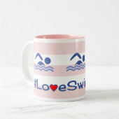 愛の水泳ハッシュタグ引用文ピンクストライプ色 ツートーンマグカップ (正面左)