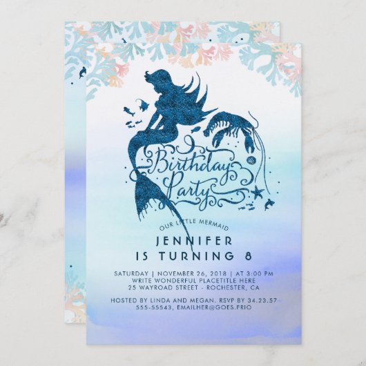 愛の海の下の人魚の誕生会 招待状 (正面/裏面)