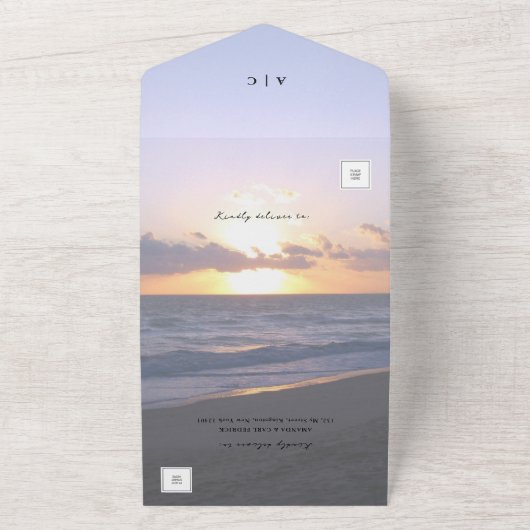 愛の海 | ビーチサンセット+写真結婚ズ オールインワン招待状 (外側)