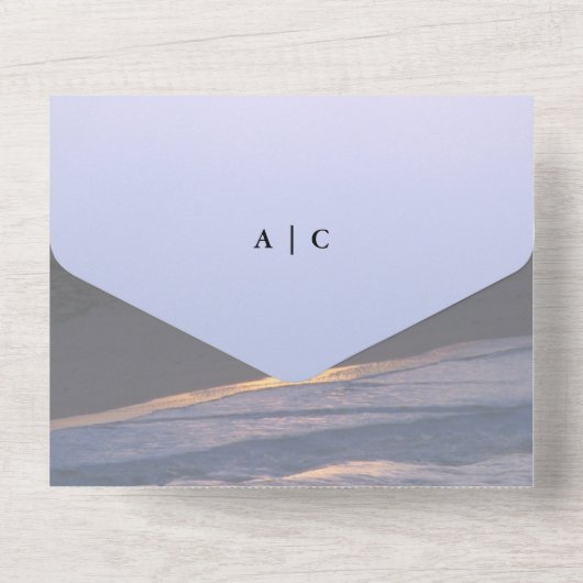 愛の海 | ビーチサンセット+写真結婚ズ オールインワン招待状 (裏面)