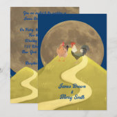 愛の溢れるニワトリのカップルと月が輝くウェディング 招待状 (正面/裏面)