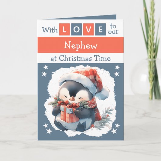 愛の甥のペンギンと灰色のクリスマス シーズンカード (正面)
