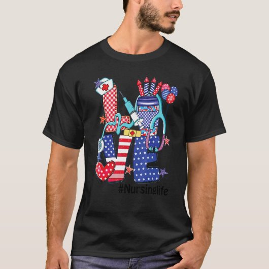 愛の看護ライフステソスコープ花火アメリカ国旗4 Tシャツ (正面)