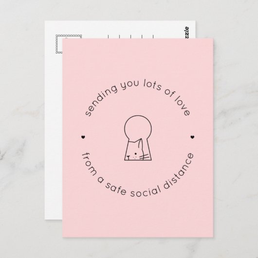 愛の社交距離を贈るピンクかわいい猫ロック ポストカード (正面/裏面)