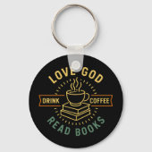 愛の神コーヒーを飲む読コーヒーブック愛好家ヴィンテージ キーホルダー (正面)