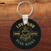 愛の神コーヒーを飲む読コーヒーブック愛好家ヴィンテージ キーホルダー (正面)
