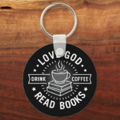 愛の神コーヒーを飲む読コーヒーブック愛好家ヴィンテージ キーホルダー (正面)