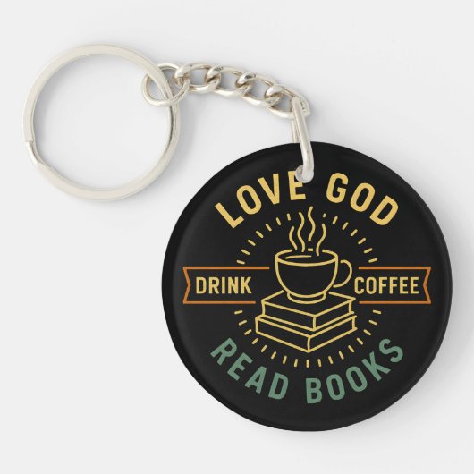 愛の神コーヒーを飲む読コーヒーブック愛好家ヴィンテージ キーホルダー (正面)