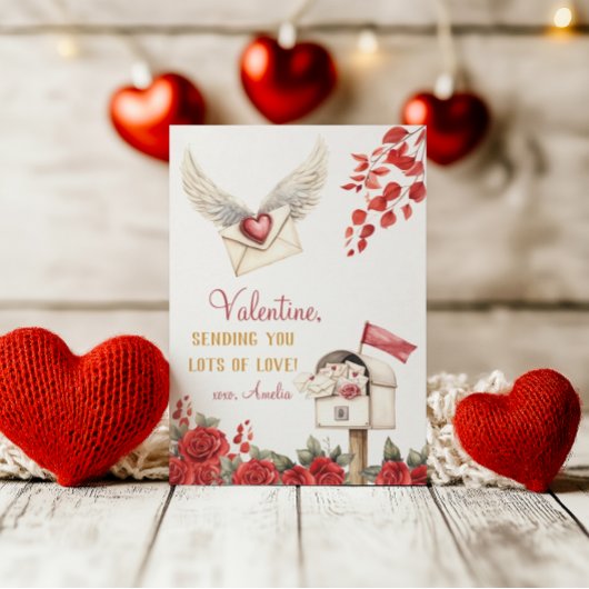 愛の翼の封筒とバラバレンタイン ノートカード
