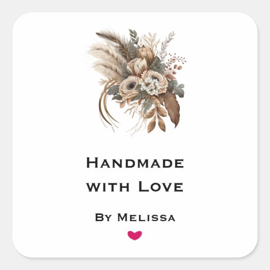 愛の花と葉と羽で手作り スクエアシール (正面)