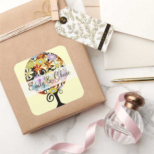 愛の花の木の魔法の森の結婚輪 スクエアシール (ギフト)