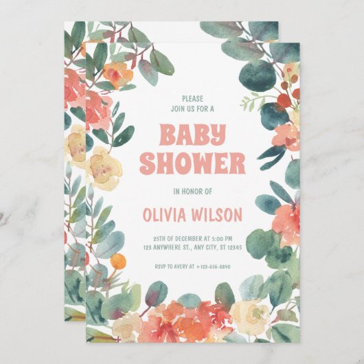 愛の花開き：緑とサンゴの赤ちゃんシャワー 招待状 (正面/裏面)