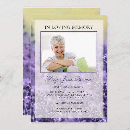 愛の記憶の中でラベンエレガントダー氏の葬儀の写真 招待状 (正面/裏面)