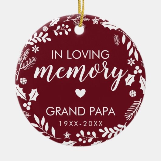 愛の記憶の冬の葉記念写真の赤 セラミックオーナメント (正面)