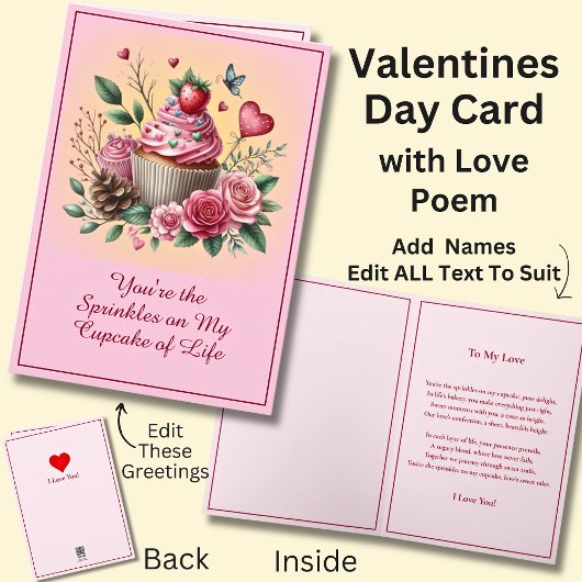 愛の詩とカップケーキのバレンタインカード カード