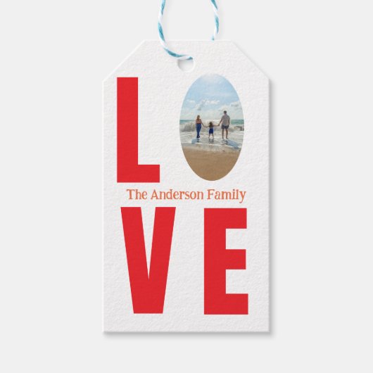 愛の赤い家族写真の楕円形の形のモダンシンプル ギフトタグ (正面)