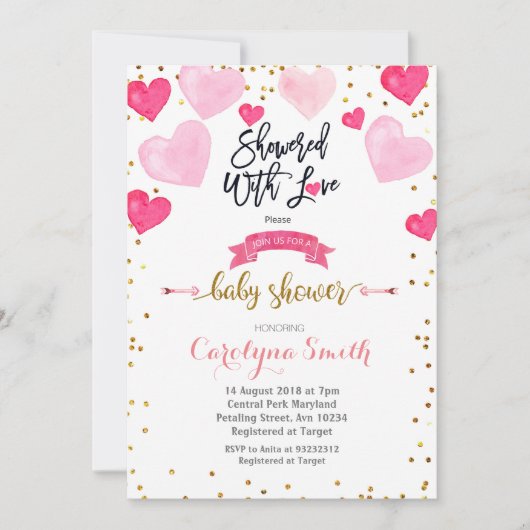 愛の赤ちゃんシャワーが浴びるバレンタイン 招待状 (正面)