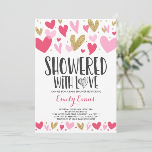 愛の赤ちゃんシャワーのシャワーがシャワー招待状ハート 招待状 (スタンド正面)