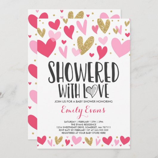 愛の赤ちゃんシャワーのシャワーがシャワー招待状ハート 招待状 (正面/裏面)