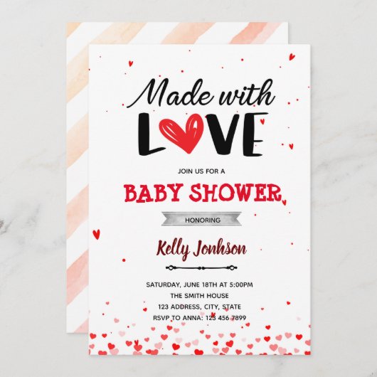 愛の赤ちゃんシャワーハートで作られた 招待状 (正面/裏面)
