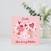 愛の赤とピンクの可愛いバレンタインのロブスター サンキューカード (スタンド正面)