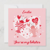 愛の赤とピンクの可愛いバレンタインのロブスター サンキューカード (正面)