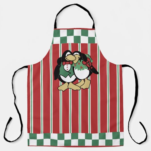愛の赤に包まれた可愛いクリスマスペンギンストライプのカップル エプロン (正面)