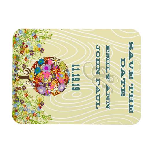 愛の輪の花の木の木目日付を保存 マグネット (横)