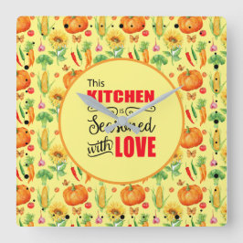 愛の野菜の柄で味付けされたキッチン スクエア壁時計