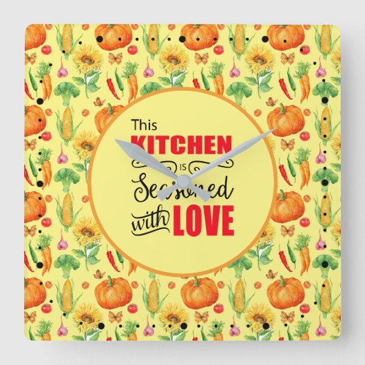 愛の野菜の柄で味付けされたキッチン スクエア壁時計 (正面)