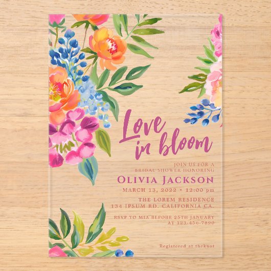 愛の開花はっきりしたフローラカラフルブライダルシャワー アクリル招待状 (正面)