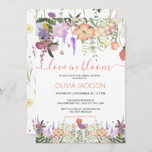 愛の開花ワイルドフラワーブライダルシャワー招待 シーズンカード (正面/裏面)