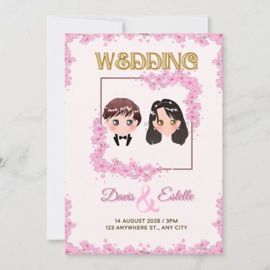 愛の開花:かわいいさくらんぼ結婚の花 招待状 (正面)