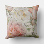 愛の開花：リネンのピンクと白のバラ クッション (裏面)