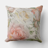 愛の開花：リネンのピンクと白のバラ クッション (正面)