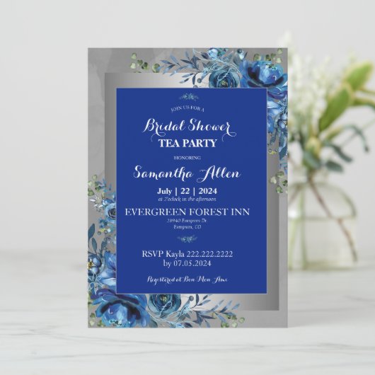 愛の青い花びら:ブライダルシャワーのために私たちに参加 招待状 (スタンド正面)