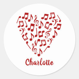 愛の音符 赤いハートの音楽ノート 名前入り ラウンドシール