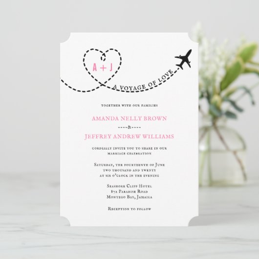 愛の飛行機の旅の目的地の結婚式 招待状 (スタンド正面)