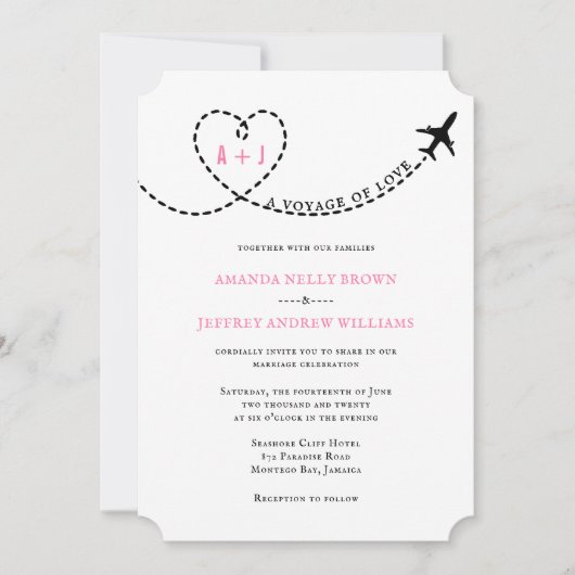 愛の飛行機の旅の目的地の結婚式 招待状 (正面)