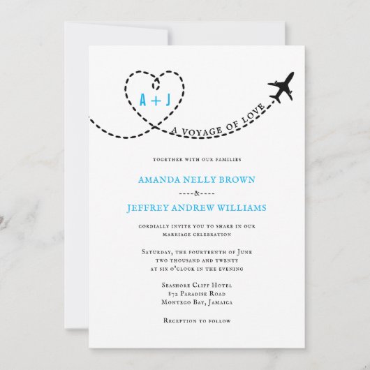 愛の飛行機の旅の目的地の結婚式 招待状 (正面)