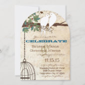 愛の鳥が木の結婚式に招待して座ってハト 招待状 (正面)